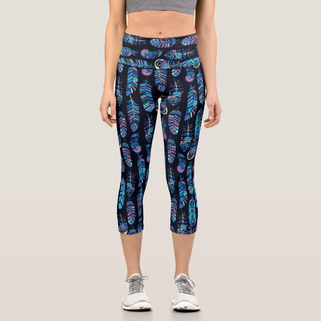 Schwarz-Türkis-Federmuster Capri Leggings (Vorderseite)