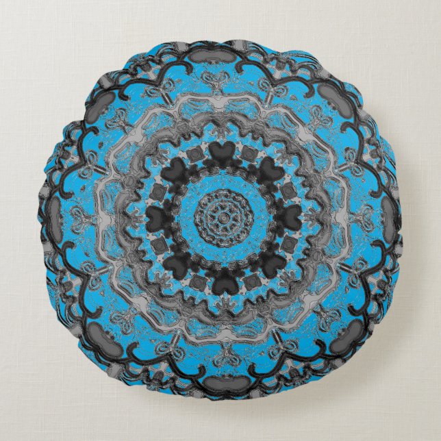 Schwarz-Türkis Mandala Rundkissen Rundes Kissen (Vorderseite)