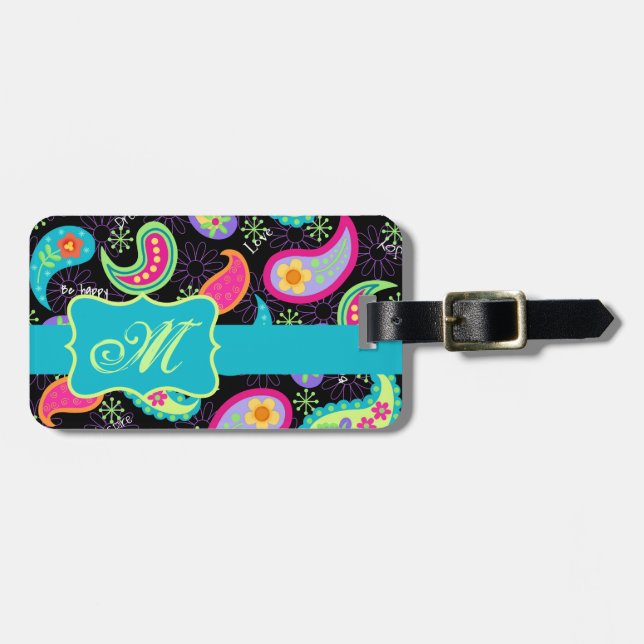 Schwarz Türkis Modernes Paisley Muster Monogram Gepäckanhänger (Vorderseite horizontal)