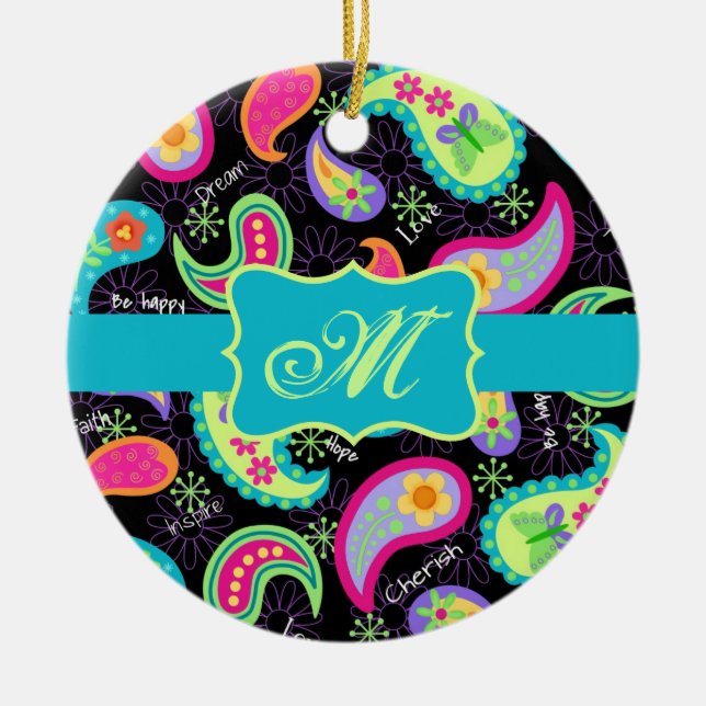 Schwarz Türkis Modernes Paisley Muster Monogram Keramikornament (Vorne)