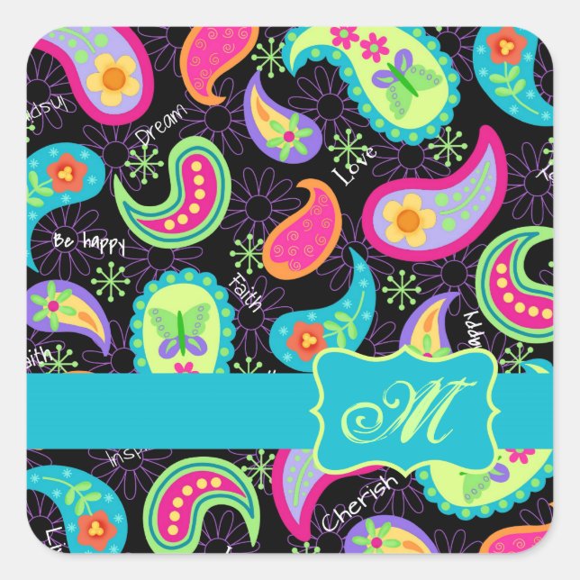 Schwarz Türkis Modernes Paisley Muster Monogram Quadratischer Aufkleber (Vorderseite)