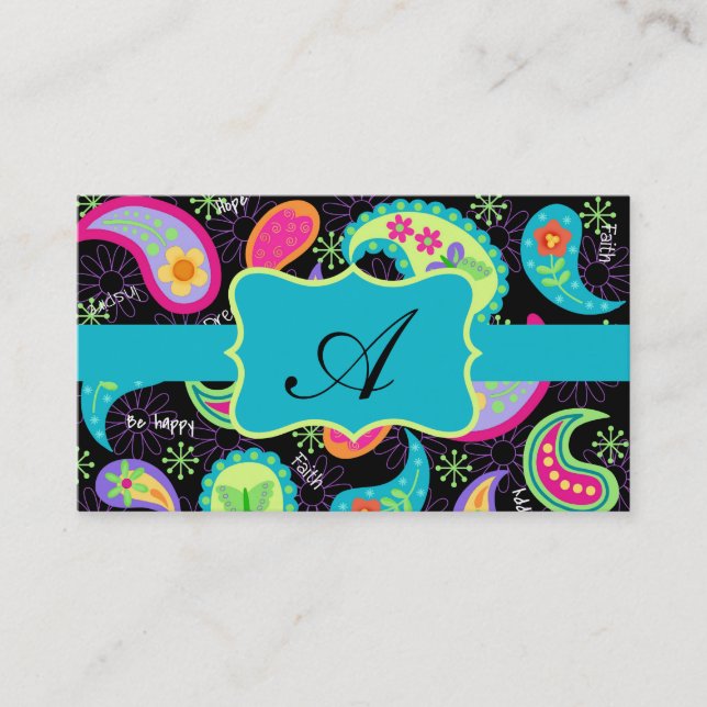 Schwarz Türkis Modernes Paisley Muster Monogram Visitenkarte (Vorderseite)