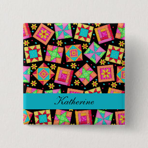 Schwarz-Türkis-Patchwork-Quilt-Blöcke Name-Abzeich Button