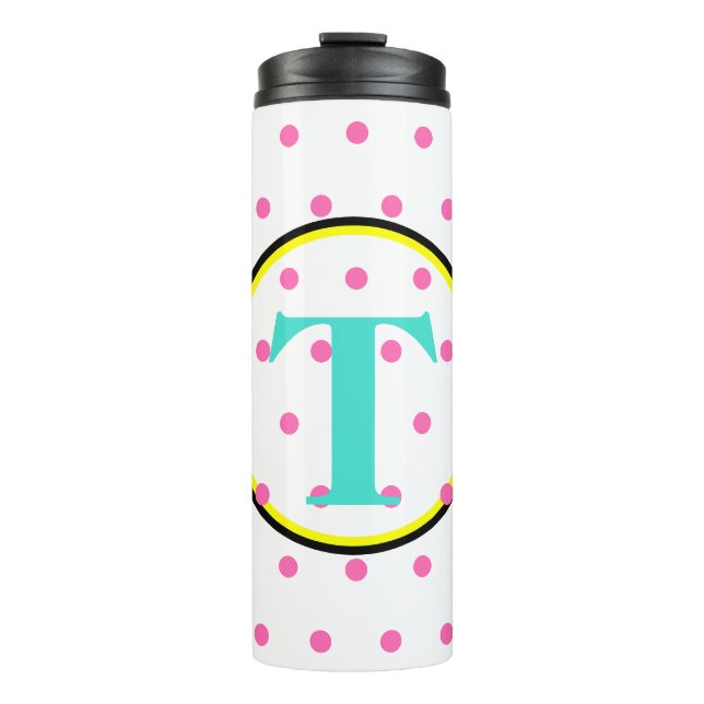 Schwarz-Türkis-Rosa-Punkte in Monogramm Thermosbecher (Vorderseite)