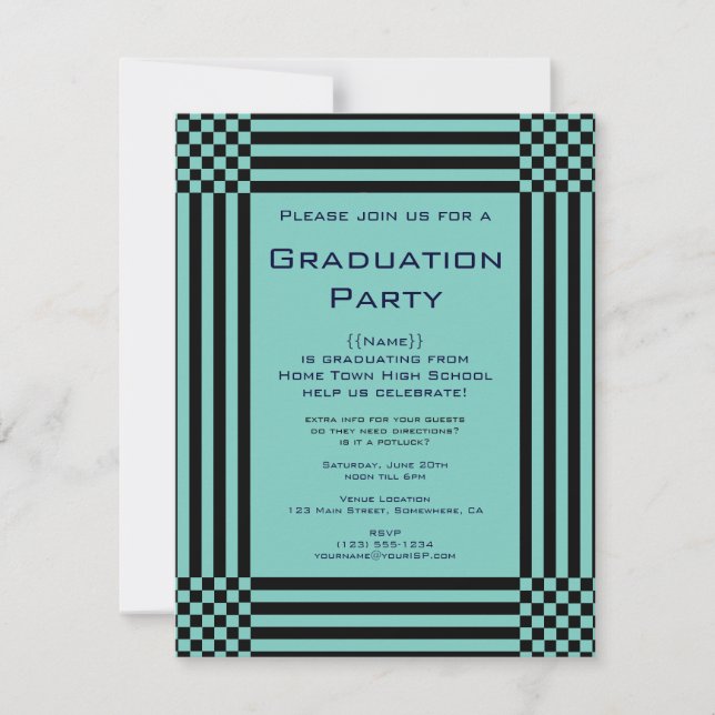 Schwarz-Türkis-Schachbretter Stripes Graduation Pa Einladung (Vorderseite)