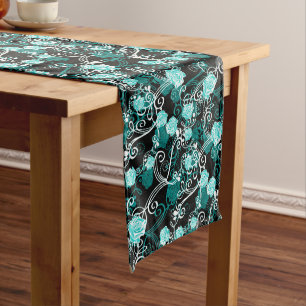 Schwarz Türkis und Weiß Trendy Rose Floral Mittelgroßer Tischläufer