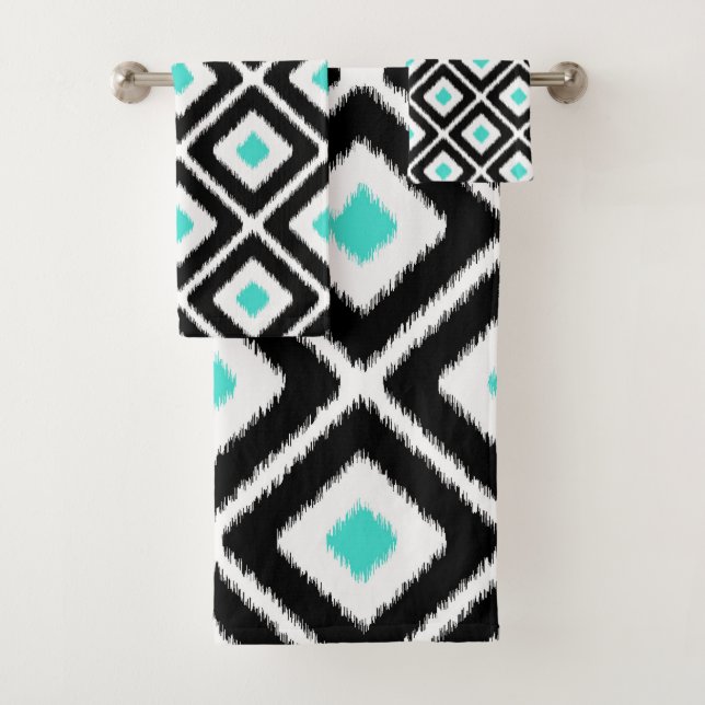 Schwarz, Türkis, Weiß Ikat Diamantmuster Badhandtuch Set (Insitu)