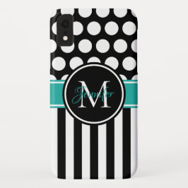 Schwarz-Türkis-Weißstreifen-Polka-Dot-Monogramm Case-Mate iPhone 14 Pro Max Hülle