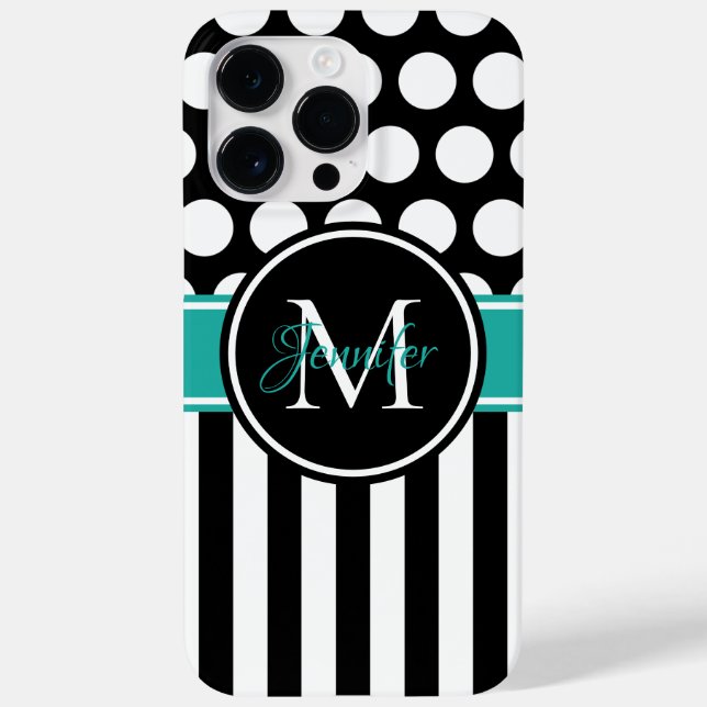 Schwarz-Türkis-Weißstreifen-Polka-Dot-Monogramm Case-Mate iPhone 14 Pro Max Hülle (Rückseite)