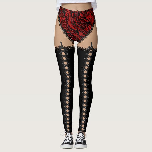 Schwarz u. rot schnüren Sie sich oben Leggings (Vorderseite)