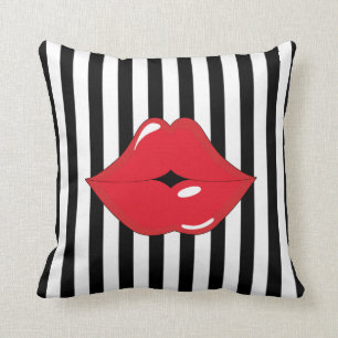 Schwarz u. Weiß Stripes rotes LippenWurfs-Kissen Kissen