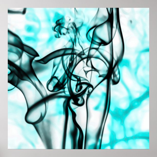 Schwarz und Aqua Aquamarines Abstraktes Rauchmuste Poster (Vorne)