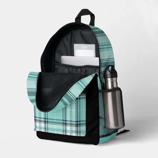 Schwarz und Aquamariner Karierter Druckspeicher Bedruckter Rucksack (Rückseitige Ecke links (Offen) )