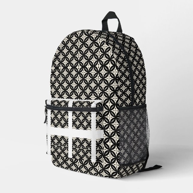 Schwarz und Beige Bedruckter Rucksack (Rückseitige Ecke Rechts)