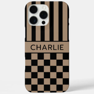 Schwarz und Beige Kariert Gestreift Personalisiert iPhone 16 Pro Max Hülle