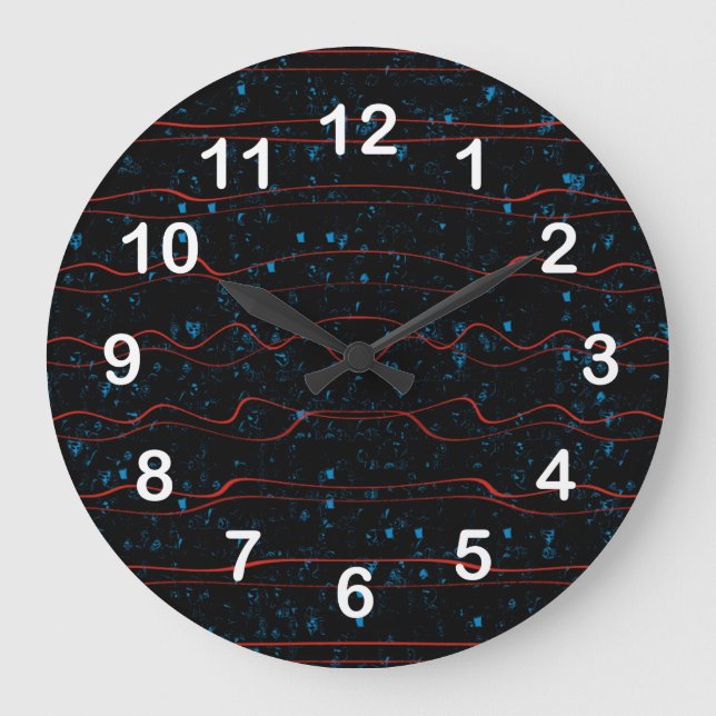 Schwarz und Blau mit Wavy Red Lines Große Wanduhr (Vorderseite)