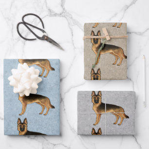 Schwarz und Braun Deutscher Schäferhund Süßer Cart Geschenkpapier Set