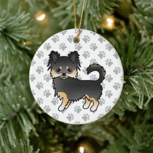 Schwarz und Braun Langhaar Chihuahua Süßer Hund &  Keramik Ornament