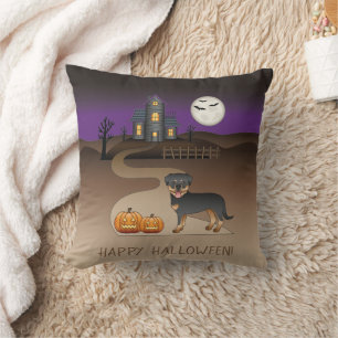 Schwarz und Braun Rottweiler Halloween Spukhaus Kissen