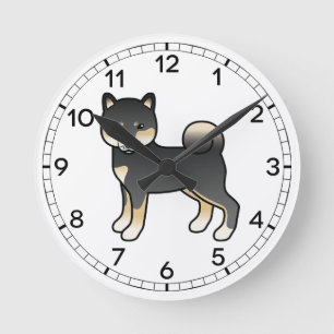 Schwarz und Braun Shiba Inu Cartoon-Hund-Illustrat Runde Wanduhr