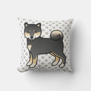 Schwarz und Braun Shiba Inu Cartoon Hund & Pfoten Kissen