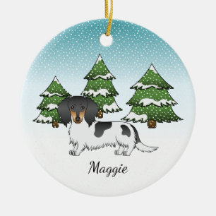 Schwarz und Brauner Pied Langhaar-Dachshund im Win Keramik Ornament
