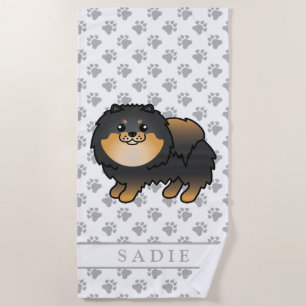 Schwarz und Brauner Pomeranian Süßer Cartoon-Hund Strandtuch