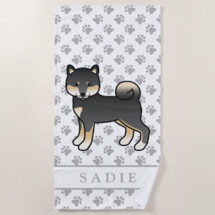Schwarz und brauner Shiba Inu Cartoon-Hund & Name Strandtuch