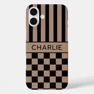 Schwarz- und braunkarierte gestreifte Personalisie iPhone 16 Plus Hülle
