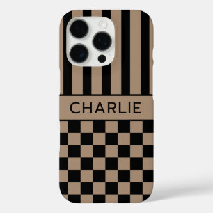 Schwarz- und braunkarierte gestreifte Personalisie iPhone 16 Pro Hülle