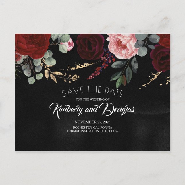 Schwarz und Burgund - Rote Flora Save the Date Ankündigungspostkarte (Vorderseite)