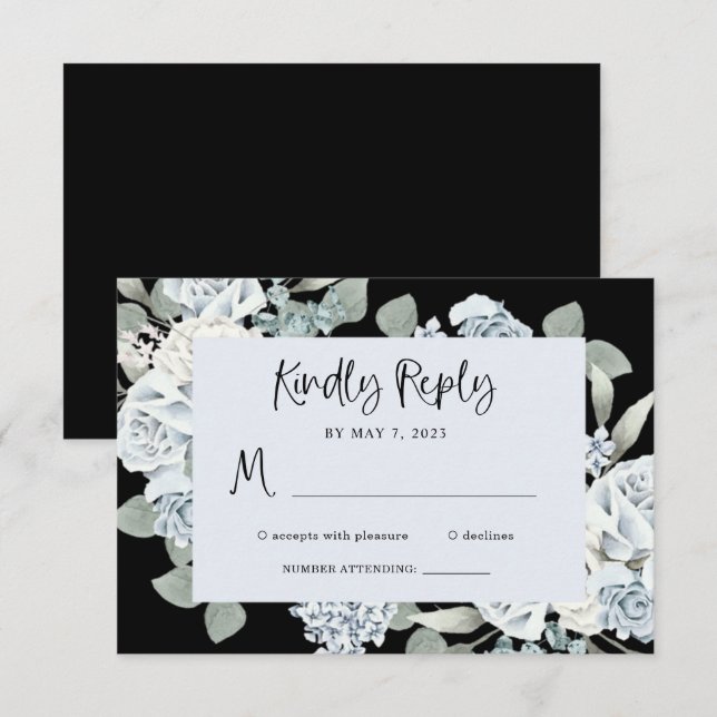 Schwarz und Dusty Blue Floral | Wasserfarbenhochze RSVP Karte (Vorne/Hinten)