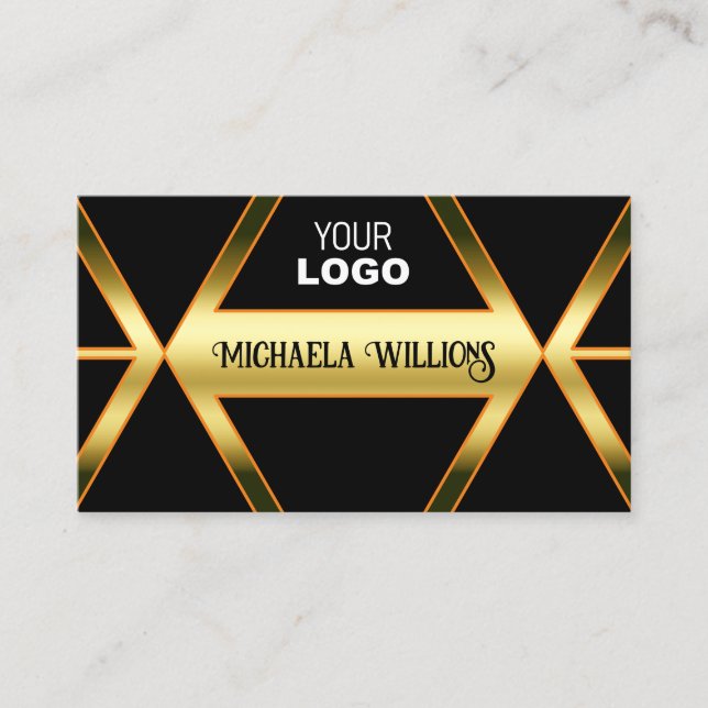 Schwarz und glänzend Golden mit Logo Elegant Visitenkarte (Vorderseite)
