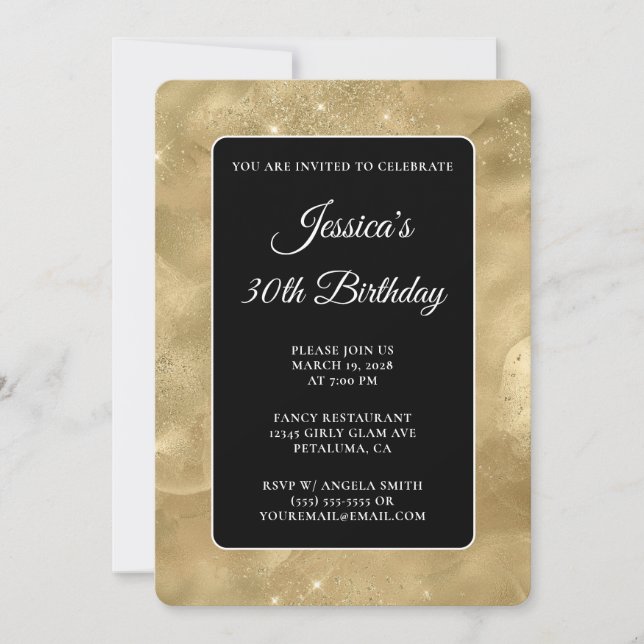 Schwarz und Glittery Gold Tinte 30. Geburtstag Einladung (Vorderseite)