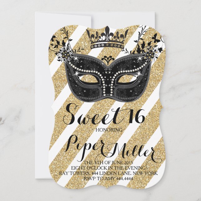 Schwarz und Glitzer Gold Masquerade Sweet 16 Einladung (Vorderseite)