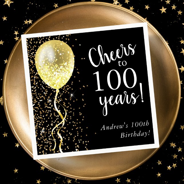 Schwarz und Gold | 100. Glitzer Ballon Geburtstag Serviette (Von Creator hochgeladen)