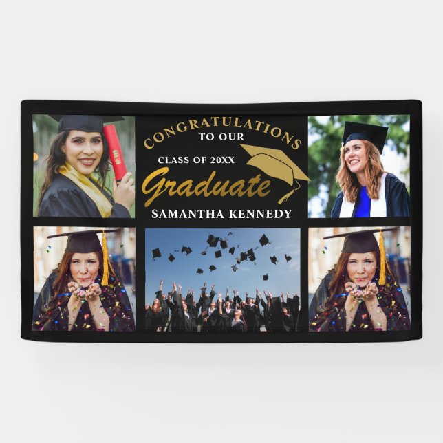 Schwarz und Gold 2023 Abschluss 5 FotoCollage Banner (Horizontal)