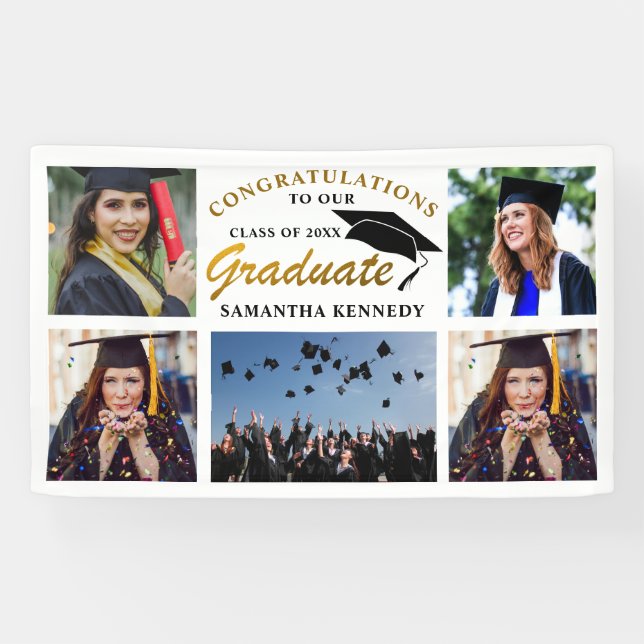 Schwarz und Gold 2025 Abschluss 5 FotoCollage Banner (Horizontal)