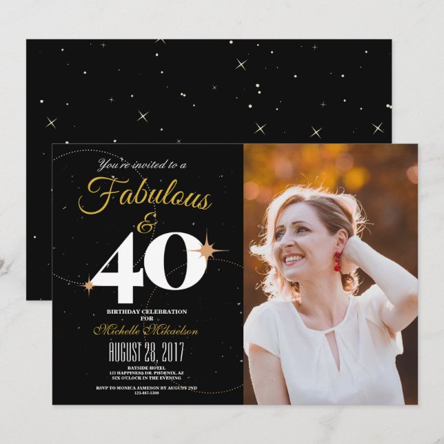 Schwarz und Gold | 40 & Fabulous Birthday Foto Einladung (Vorne/Hinten)