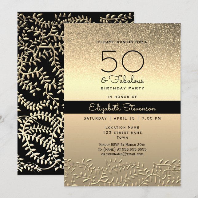 Schwarz und Gold 50. Geburtstag Einladung (Vorne/Hinten)