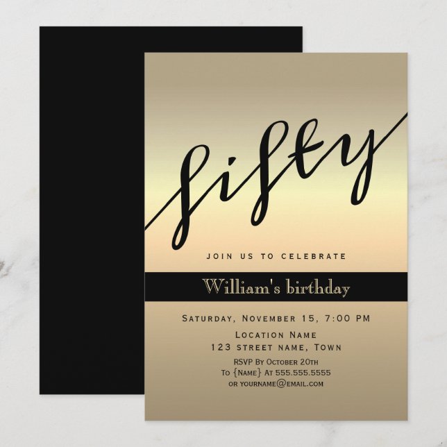 Schwarz und Gold 50. Geburtstag Einladung (Vorne/Hinten)