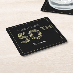 Schwarz und Gold 50. Geburtstag Retro Stripe Print Rechteckiger Pappuntersetzer