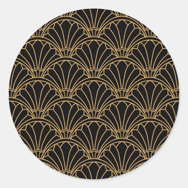 Schwarz und Gold Art Deco Fan Blume Motif Runder Aufkleber (Vorderseite)