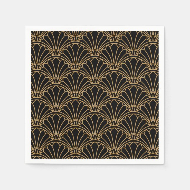 Schwarz und Gold Art Deco Fan Blume Motif Serviette (Vorderseite)