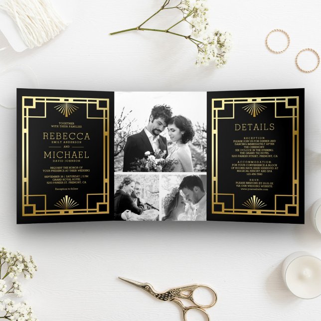 Schwarz und Gold Art Deco Foto Collage Hochzeit Dreifach Gefaltete Einladung (Von Creator hochgeladen)