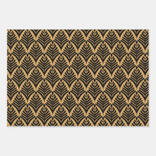Schwarz und Gold Art Deco Lüftermuster Blume Geschenkpapier Set
