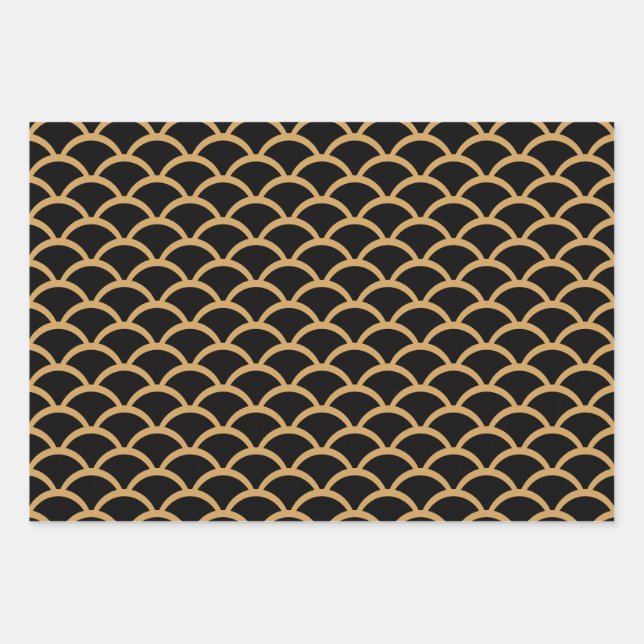 Schwarz und Gold Art Deco Muster Geschenkpapier Set (Vorderseite)