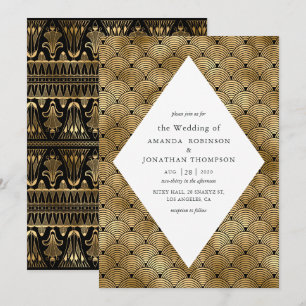 Schwarz und Gold Art Deco Muster Hochzeit Einladung