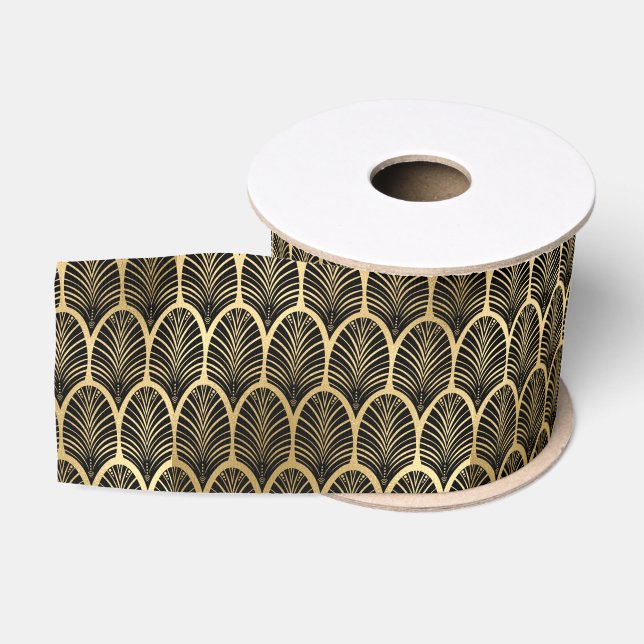 Schwarz und Gold Art Deco Muster | Palm Leaf Mofit Ripsband (Spule)