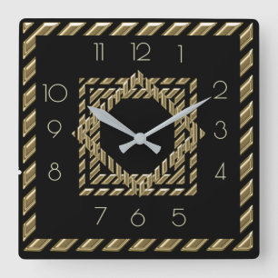 Schwarz und Gold Art Deco Quadratische Wanduhr